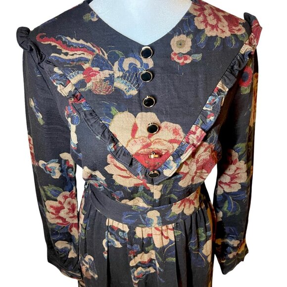 Novella Modest Midi Dress Size Medium Prairie Cottage Floral Ruffle Tiered Black - Picture 4 of 12